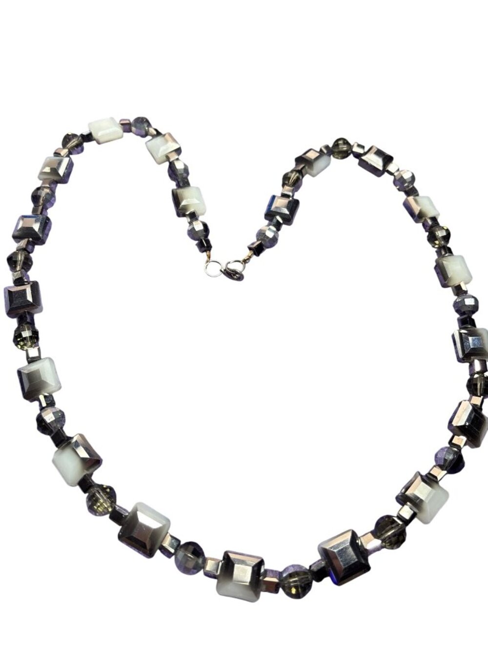 Artisan White Smoky Grey Glass Faceted Beaded Necklace Lobster Clasp 26 inches